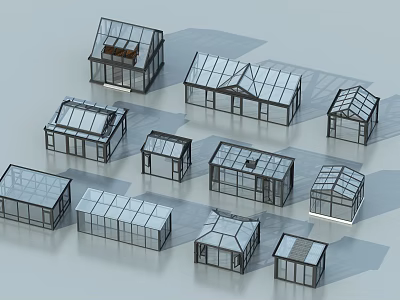 Glass House Models With Various Shapes Sizes Sloped Roofs And Transparent Structures 3d model