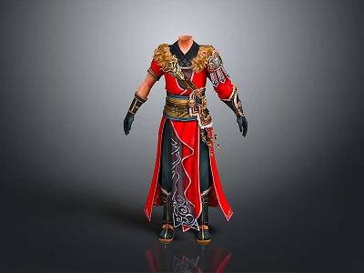 Traditional Red Long Sleeved Robe with Gold Accents and Embroidery for Daily Living 3d model