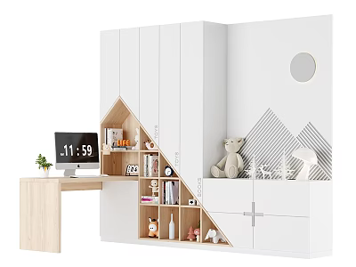 Wooden Desk With Computer Small Plant Near White Storage Cabinets Triangular Shelves And Geometric Wallpaper 3d model