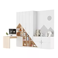 Wooden Desk With Computer Small Plant Near White Storage Cabinets Triangular Shelves And Geometric Wallpaper