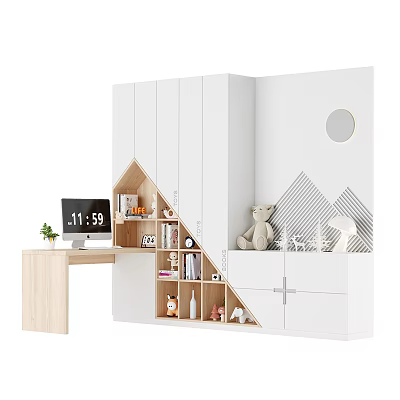 Wooden Desk With Computer Small Plant Near White Storage Cabinets Triangular Shelves And Geometric Wallpaper 3d model