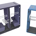 Purple And Blue Enclosed Workspace Pod With Glass Door Seats And Table
