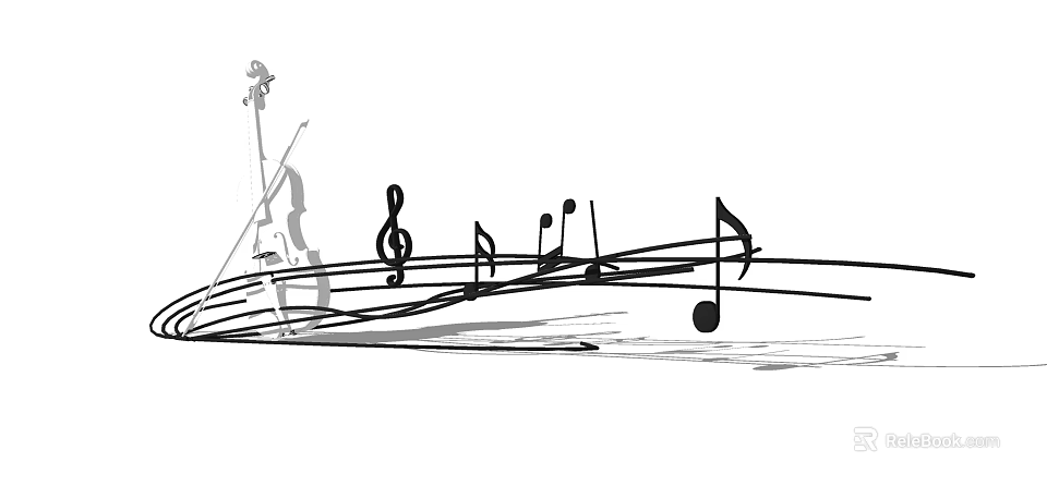 Black and White Musical Sculpture Carving with Violin Line and Notes Art 3d model 