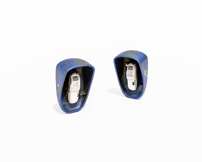 Two Blue Decorative Public Facilities Phone Booths With Functional White Devices 3d model