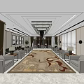 Elegant Hotel Public Lounge With Grey Sofas Patterned Rug Green Plants And Large Windows 3d model