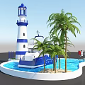 Blue Sea and Sky Yacht Club With Blue White Lighthouse Yacht Palm Trees And Water