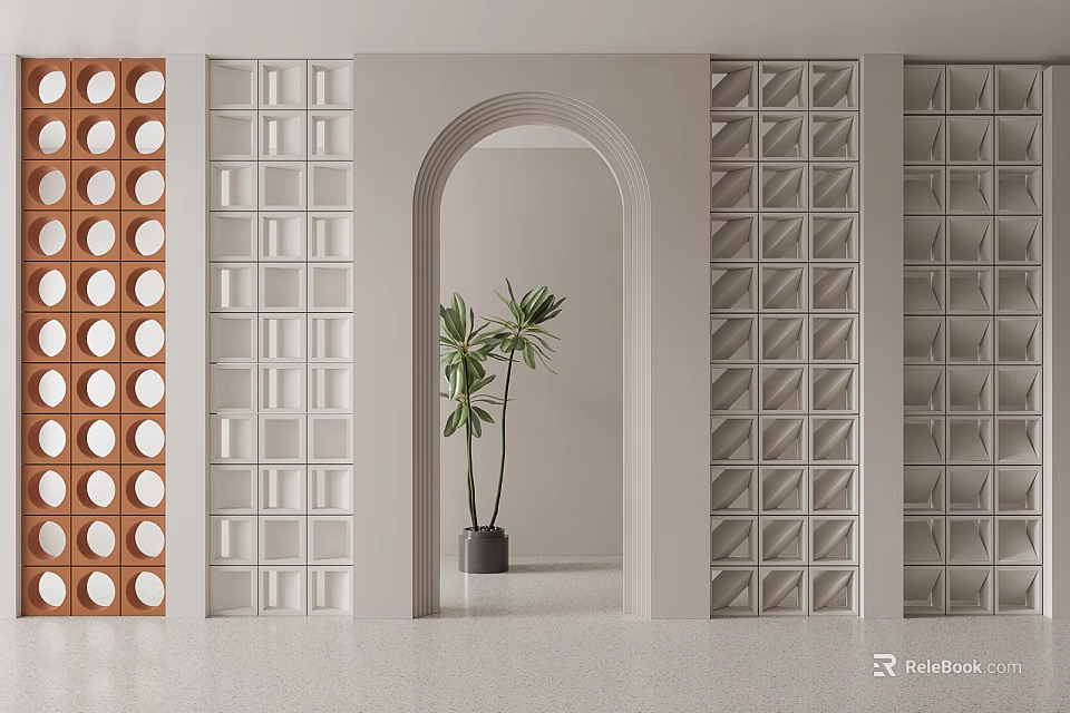 Stylish Room Dividers With Circular Hole Patterns Geometric Lattice And Arched Doorway Design 3d model 