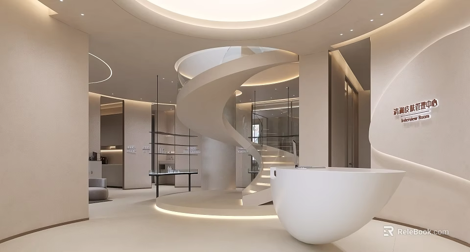 Modern Beauty Hair Salon Interior With Spiral Staircase Soft Lighting Neutral Tones And Display Shelves 3d model 