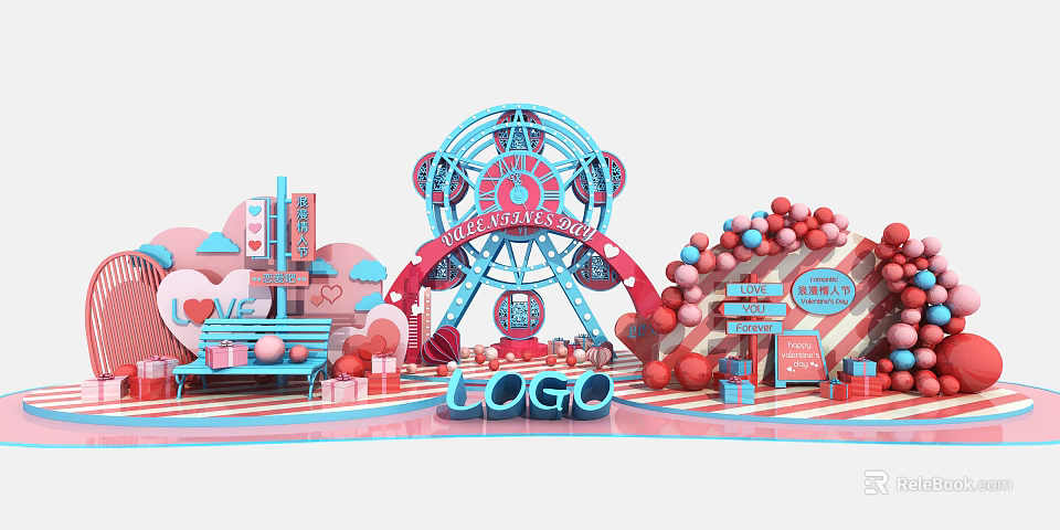 Popular Photo Spot Featuring Ferris Wheel Heart Decorations Balloons And Gift Boxes 3d model 