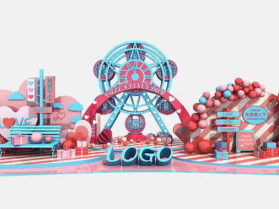 Popular Photo Spot Featuring Ferris Wheel Heart Decorations Balloons And Gift Boxes 3d model
