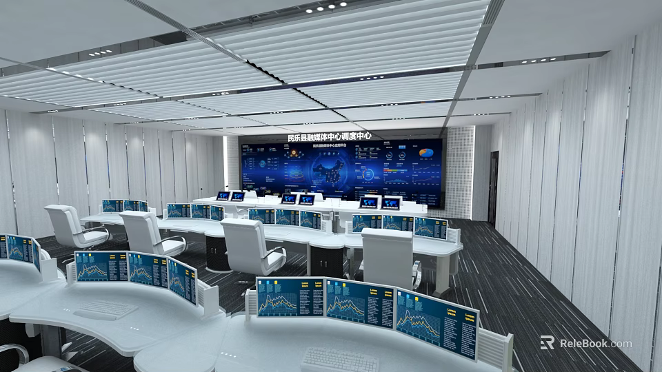 Modern Monitoring Room Interior Design With Control Consoles And Multiple Screens 3d model 