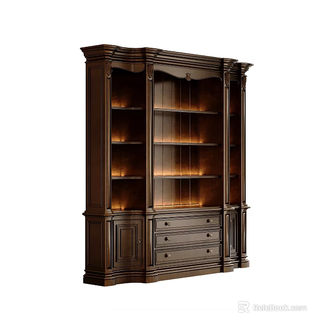 Elegant Dark Wood Bookcase With Glass Doors Built in LED Lights and Bottom Drawers 3d model 