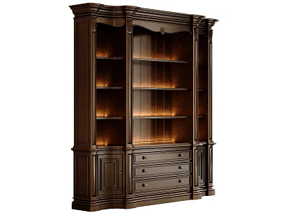 Elegant Dark Wood Bookcase With Glass Doors Built in LED Lights and Bottom Drawers 3d model