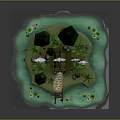 Small Island With Thatched Cottage Pine Trees Clouds Water Lily Pads And Wooden Bridge