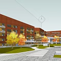 Modern School Buildings with Red Facades Green Spaces Trees and Campus Courtyards