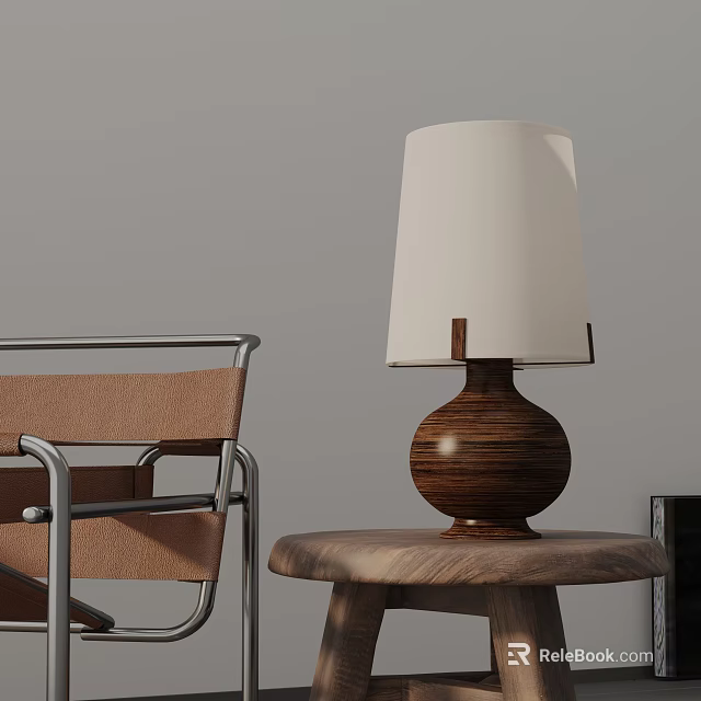 Modern Table Lamp With Wooden Base And White Lampshade On Round Side Table 3d model 
