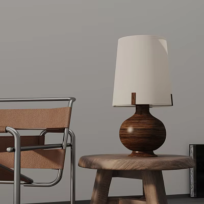 Modern Table Lamp With Wooden Base And White Lampshade On Round Side Table 3d model
