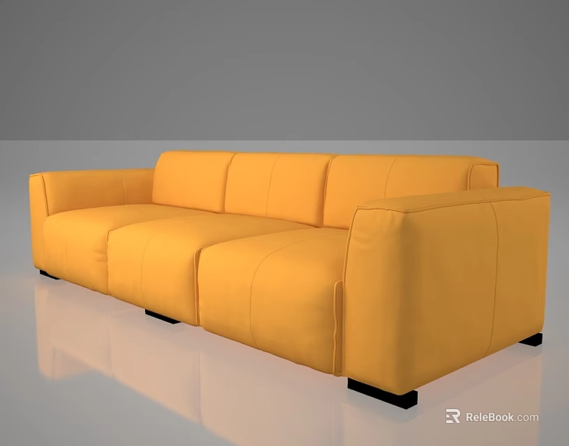 Yellow Leather Three Seater Sofa With Modern Armrests And Black Legs Design 3d model