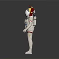 Astronaut Spacesuit With White Red Striped Design Helmet Visor And 3D Model On Reflective Surface