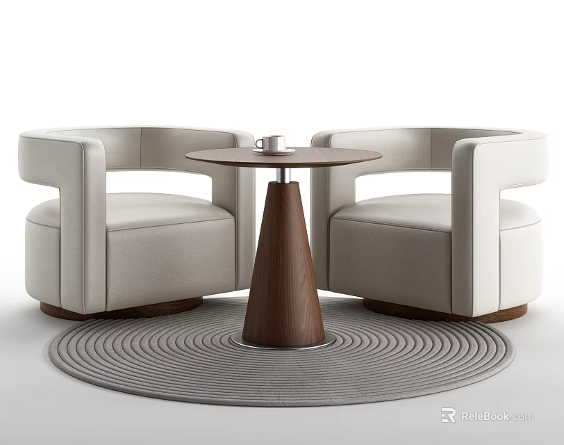 Modern Chair And Table Set With White Armchairs Wooden Round Table And Gray Woven Rug 3d model 
