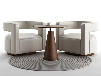 Modern Chair And Table Set With White Armchairs Wooden Round Table And Gray Woven Rug 3d model