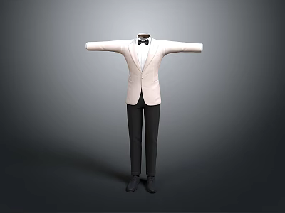 White Suit Mannequin With Black Bow Tie Black Pants Black Shoes And Outstretched Arms 3d model