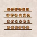 Dessert Shop Display With Decorative Golden Bread On Illuminated Wooden Shelves