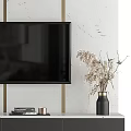 Modern TV Wall Design With Stone Texture TV Stand Dried Flowers And Gold Accents