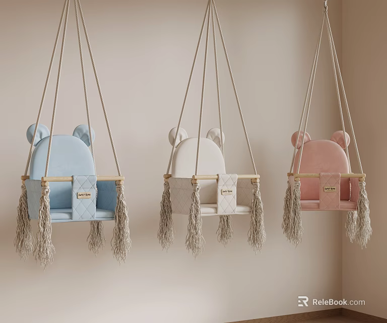 Cute Bear Ear Hanging Chair in Blue White Pink with Tassel Decorations for Kids Room 3d model 