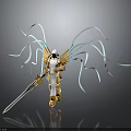 Character in Gold White Armor with Blue Wing like Appendages Holding Sword and Creature Features