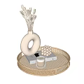 Modern Decorative Ornament Combination With White Circular Vase Bulb Candle Wicker Tray Pampas Grass And Books