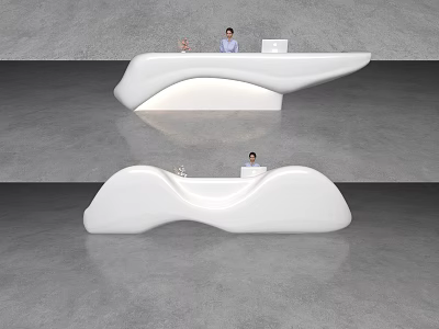 Modern White Reception Desk With Curved Design And Staff In Interior Space 3d model