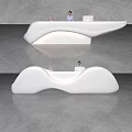 Modern White Reception Desk With Curved Design And Staff In Interior Space
