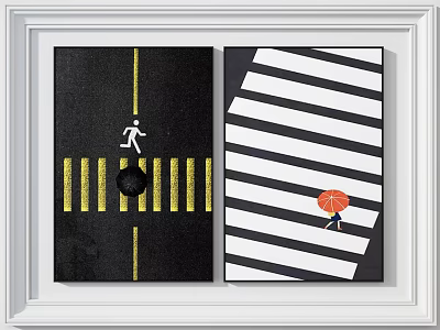 Modern Wall Paintings With Black Background Yellow Zebra Crossing Black White Stripes And Orange Umbrella 3d model