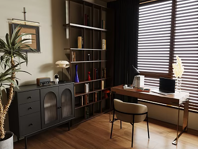 Cozy Study Room Interior With Wooden Bookshelf Writing Desk Cabinet Indoor Plant And Window Blinds 3d model