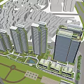 Elegant Modern High Rise Buildings With Glass Curtain Walls And Tree Lined Roads