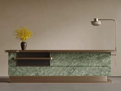 Elegant Modern Bar Counter With Green Marble Surface Black Vase And Gold Lamp 3d model