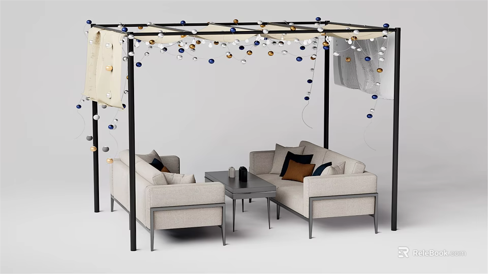 Modern Beige Outdoor Sofa With Black Frame Decorative Balls String Lights And Coffee Table 3d model