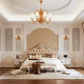Elegant Bedroom Interior With Tufted Headboard Chandelier Paneled Walls And Decorative Patterns