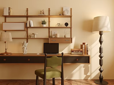 Bright Study Room Interior Design With Wooden Bookshelves Laptop Green Chair And Floor Lamp 3d model