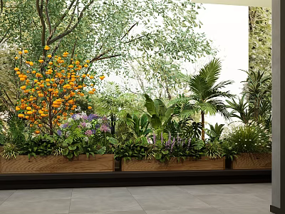 Vibrant Garden Landscape With Wooden Planters Orange Purple Flowers And Lush Green Plants 3d model