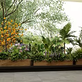 Vibrant Garden Landscape With Wooden Planters Orange Purple Flowers And Lush Green Plants