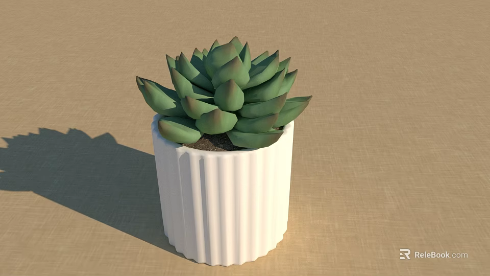 Succulent Plant With Green Fleshy Leaves In White Vertical Striped Pot On Textured Beige Surface 3d model 