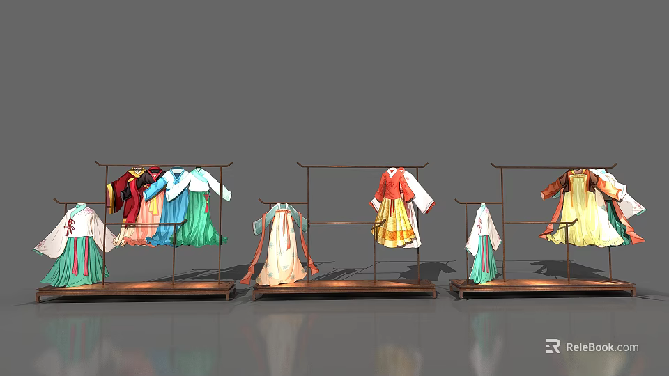 Interactive Zone With Traditional Costumes On Display Racks And Colorful Outfits 3d model 