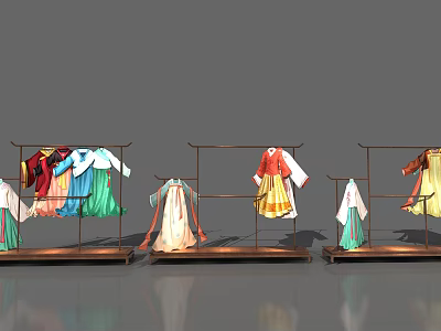 Interactive Zone With Traditional Costumes On Display Racks And Colorful Outfits 3d model