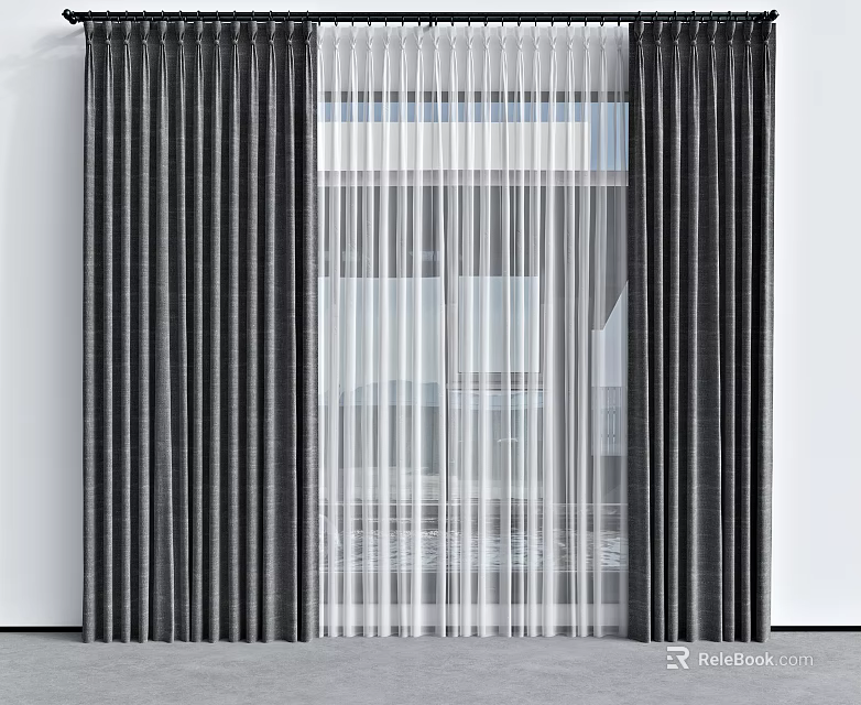 Elegant Modern Gray Curtains With Sheer White Panels For Window Home Decor 3d model 