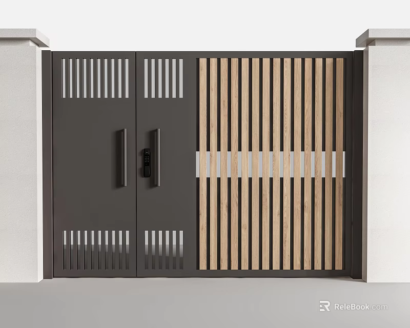 Modern Double Entrance Gate With Vertical Wooden Slats And Metal Frame 3d model 
