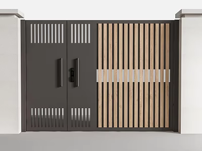 Modern Double Entrance Gate With Vertical Wooden Slats And Metal Frame 3d model