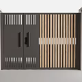 Modern Double Entrance Gate With Vertical Wooden Slats And Metal Frame