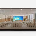 Conference Room Interior Featuring White Chairs Large Screen Windows Logo Wooden Walls And Green Plants